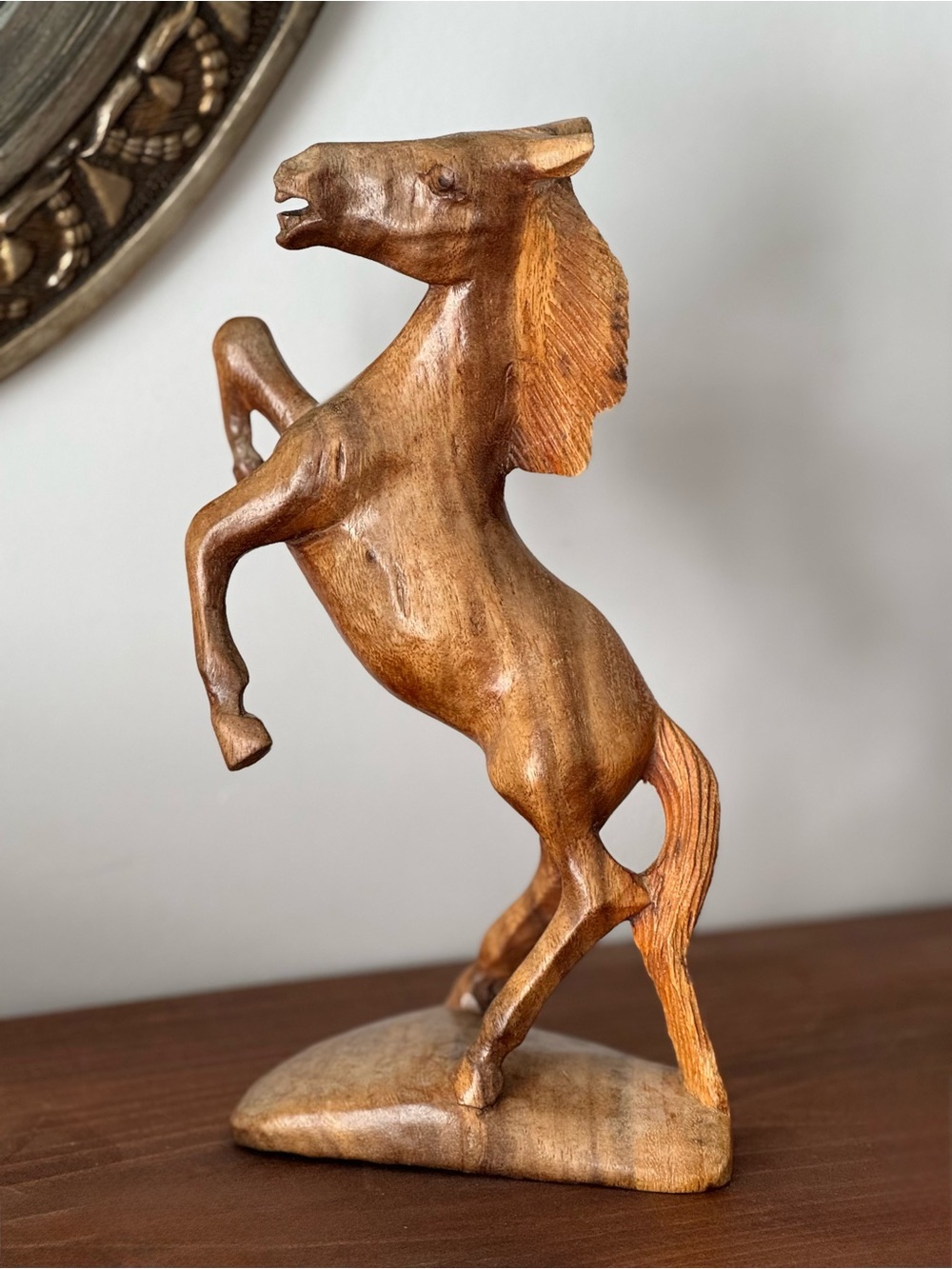 Wood horse sculpture vintage rustic hand carved rearing‎ horse statue